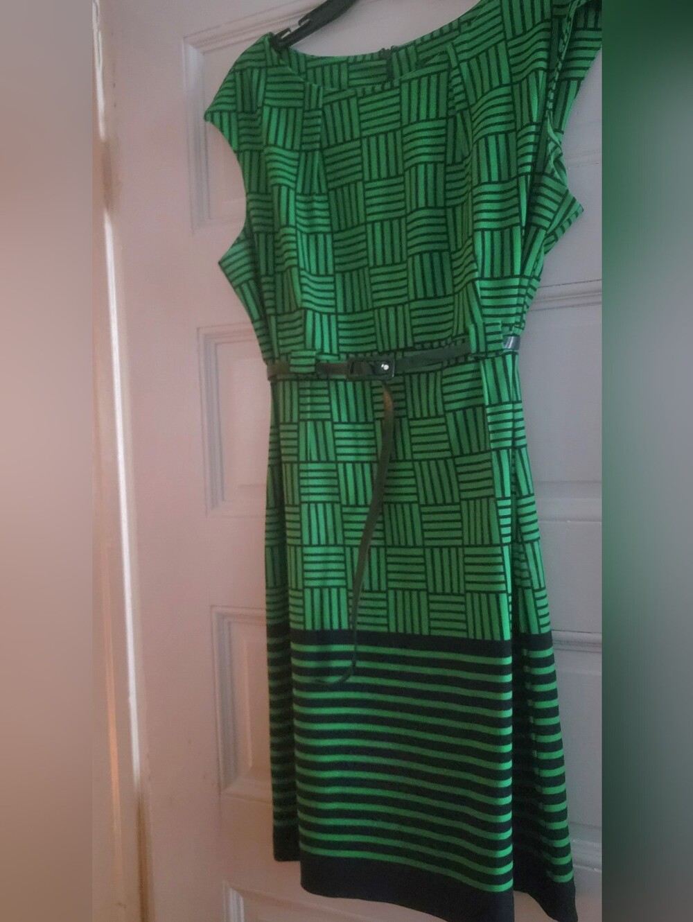 Green Geometric & Stripe Belted Dress